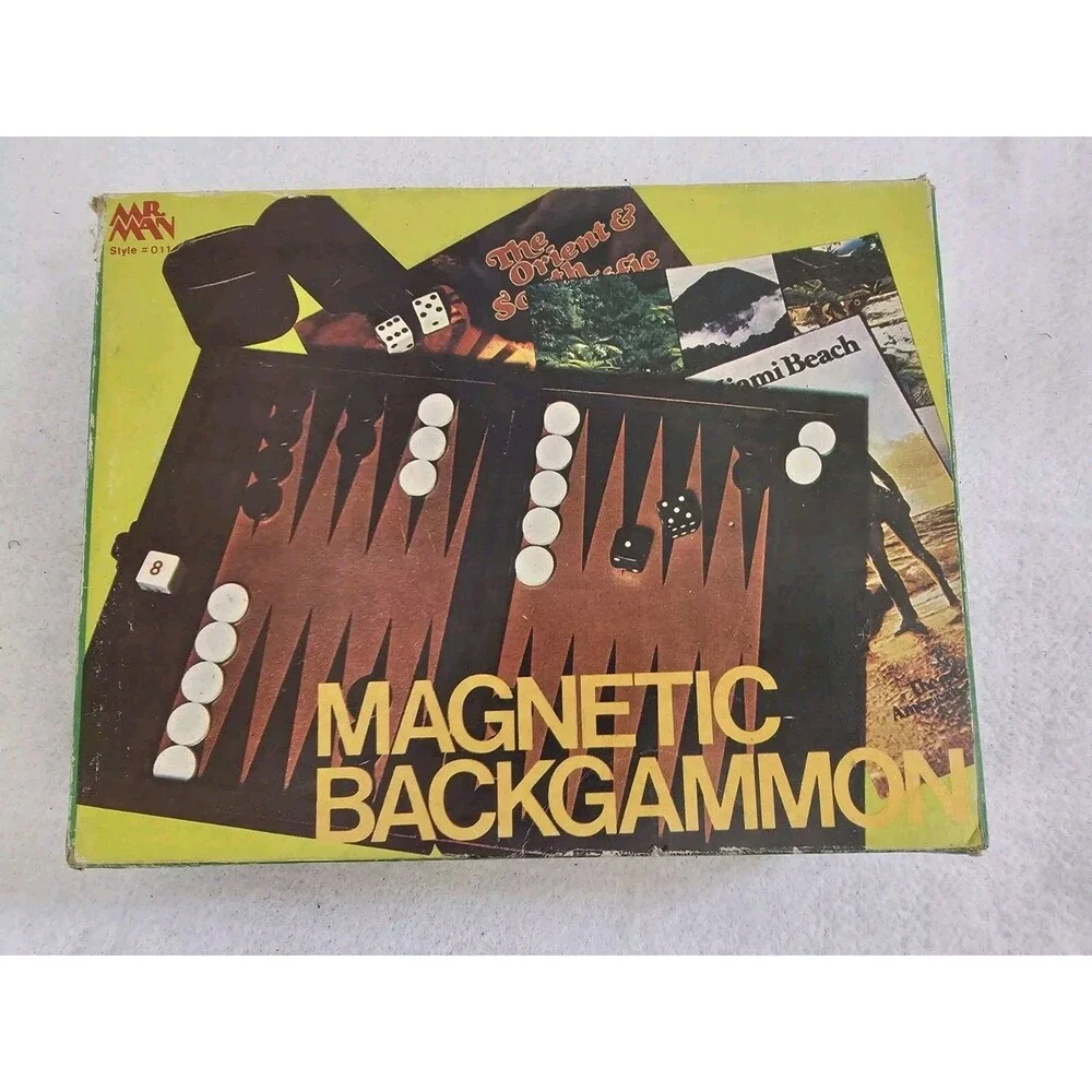 Vintage Small Magnetic Travel Backgammon Set Brown Case Dice Board Game Complete